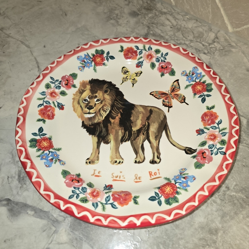 Anthropologie Nathalie Lete Lion Dinner Plate Like New!  Red Cat Dish Platter